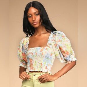 Billabong Floral Smocked Crop Top Puff Sleeve Cottagecore Boho Pastel Medium